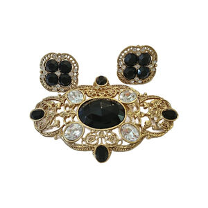 Vintage Gold Filigree Brooch and Earring Set, Black and White Lucite Brooch Set